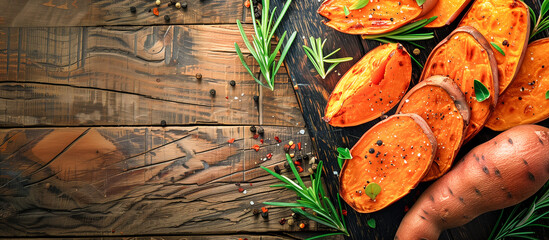 healthy vegan food of sweet potatoes on wooden concept banner