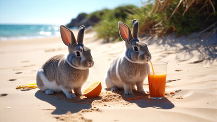 Wall Mural - Bunny Beach Break: Join a Relaxed Rabbit as It Unwinds on the Sandy Shore, Sipping on Some Juice, Generative AI