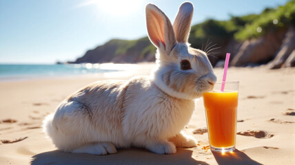 Wall Mural - Sunny Bunny Getaway: Witness a Bunny Basking in the Sun on the Beach, Sipping Juice for a Relaxing Time, Generative AI
