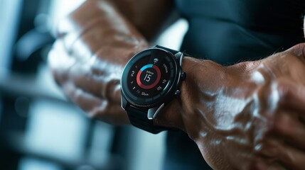 Poster - A close-up of a mans wrist with a smartwatch showing his workout progress. He is likely in a gym, and his skin is sweaty from exercise.
