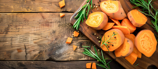 healthy vegan food of sweet potatoes on wooden concept banner