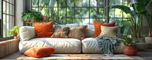 Poster - A 3D character arranges pillows and throws on a sofa, creating a comfortable and stylish seating area. The scene highlights the character's effort to blend functionality and aesthetics in their home