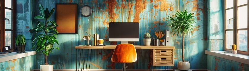 Poster - a 3d character sets up a home office, arranging a desk, chair, and computer. the scene reflects the 
