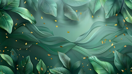 Wall Mural - Luxury green summer background and wallpaper vector with golden metallic decorate wall art 