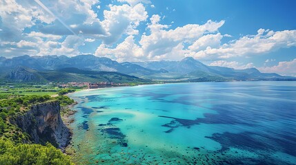 Wall Mural - Wonderful mediterranean resort landscape of calm turquoise sea, wide beach line, green parks, mountains on horizon with white clouds and bright blue