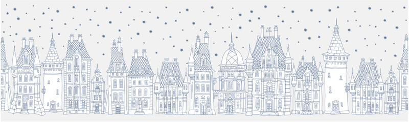 Wall Mural - Christmas and New Year seamless border pattern. Fairy tale European castles and houses panorama. Hand drawn blue and white sketch