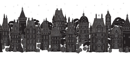Wall Mural - Christmas and New Year seamless border pattern. Fairy tale European houses panorama. Hand drawn black and silver sketch