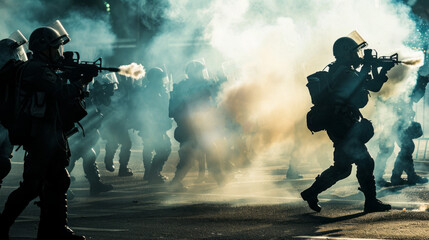 Wall Mural - A group of soldiers are in a smoke filled area, with one of them holding a rifle