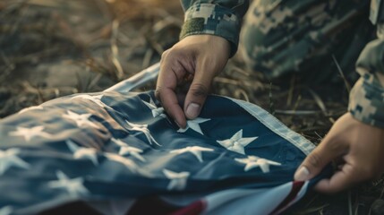 A person in a military uniform holding an american flag