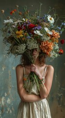 Canvas Print - A woman holding a bunch of flowers in front of her face