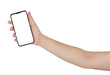 © BorinDesign - Long arm holding smart phone white screen or blank screen transparency png background, vertical view