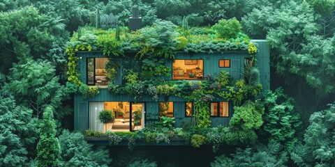 Wall Mural - A beautiful green cottage nestled among trees in a forest