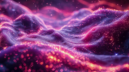 Poster - An abstract purple wave background with glowing particles and lines. Futuristic waves