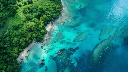 Canvas Print - Design an aerial perspective of a tropical island, surrounded by crystal-clear turquoise waters, coral reefs, and lush greenery, highlighting the natural beauty and isolation.