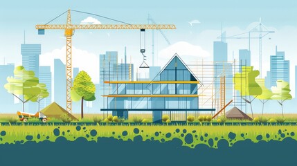 Wall Mural - Design an infographic showcasing sustainable construction practices, such as green building design, energy-efficient systems, and use of recycled materials, promoting environmental stewardship.