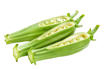 Wall Mural - Three green pods of okra are cut open, revealing the seeds inside