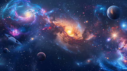 Wall Mural - panorama space galaxy scene with planets, stars and galaxies. banner template. many nebulae and gala