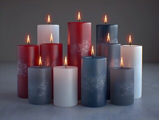 This visually captivating 3D rendered image showcases a stunning arrangement of patriotic colored candles  with red  white  and blue flames radiating a cozy  warm  and festive ambiance  The elegant