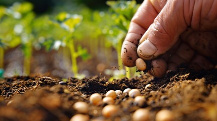 Wall Mural - Close-up of a hand planting a small seed into rich, dark soil, symbolizing new beginnings and growth; earth and gardening tools in the background