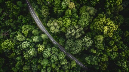 Poster - Aerial view green forest and asphalt road Top view forest road going through forest with car adventure Ecosystem ecology healthy environment road trip travel : Generative AI