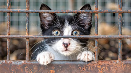 Wall Mural - A black and white kitten is peeking out from behind a metal fence