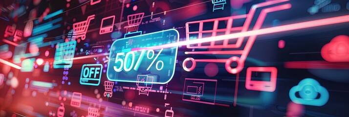 Aufkleber - A futuristic digital background depicting an online sale with shopping carts, product icons, and a bold 50% OFF discount. Generative AI