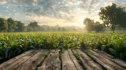 Wall Mural - Sweet corn field and wooden table at Agriculture corn. 3D illustration, of free space for your texts and branding