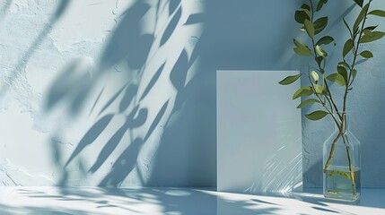 Aufkleber - Combination of glass vase and olive branches Sunlight table background White card leaning against blue wall Invitation mockup long shadow : Generative AI