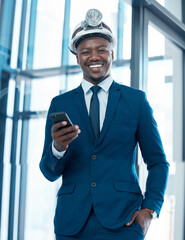 Poster - Portrait, businessman on cellphone and construction hat for project, development and networking in office. Technology, planning and happy architect in workplace with internet for online communication