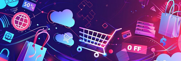 Aufkleber - Abstract background with digital shopping carts, product icons, and 50 OFF text. Generative AI