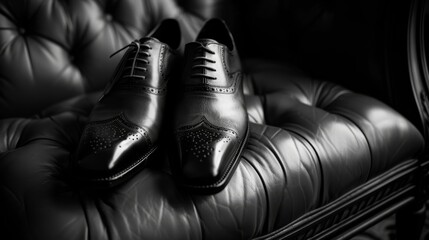 Wall Mural - A close-up of black leather wedding shoes