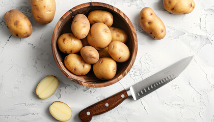 Bowl with raw potatoes and knife on light background