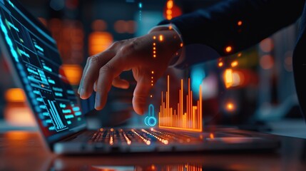 Aufkleber - A businessman hand points at a data graph on a laptop screen style of a business digital marketing.
