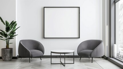 Wall Mural - Blank white frame mockup with two chairs on living room white wall background.