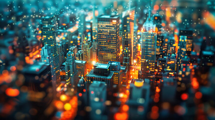 Wall Mural - A high angle view of a blurry cityscape at night with bokeh lights
