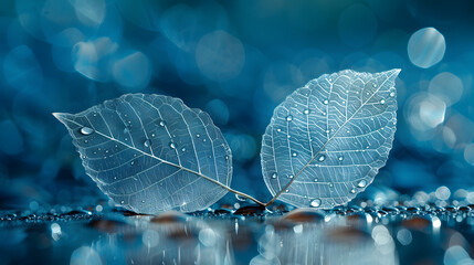 Wall Mural - Two transparent skeleton leaves macro on wet surface on blue background in nature with beautiful light