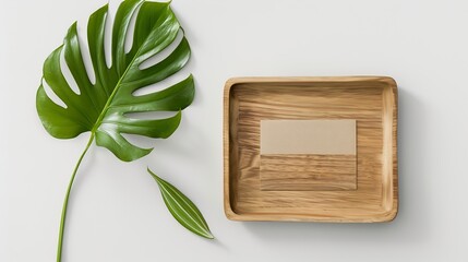 Poster - Tropical summer stationery mockup scene Blank business card wooden tray green monstera leaf isolated on white table background Summer branding styled photo web banner Flat lay top view : Generative AI