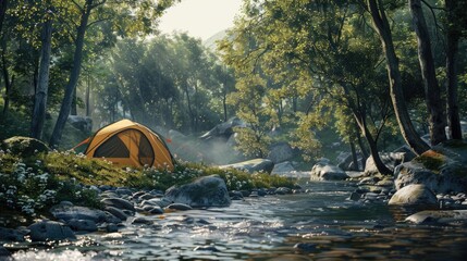 Wall Mural - A tent pitched on the banks of a peaceful stream, surrounded by nature