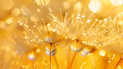 Wall Mural - Water drops on dandelion seed macro in nature in yellow and gold tones