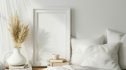 Poster - Portrait white frame mockup on retro wooden bedside table Modern white ceramic vase dry grass Cup of coffee and books in bed Beige linen pillows in bedroom Scandinavian interior : Generative AI
