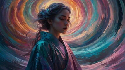Wall Mural - In a swirl of iridescent hues, a digital anime captures the essence of a transient emotion known as Celestial Melancholy