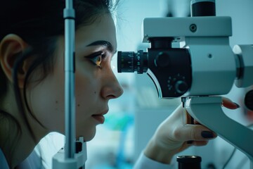 Poster - Close-up of a scientist studying a sample using a microscope, with a magnified view of the specimen