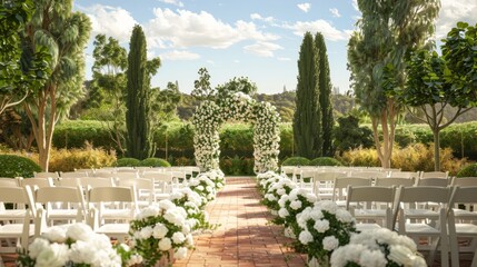 Wedding ceremony setup with a flower arch and white chairs