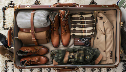 Wall Mural - Open suitcase with travelling accessories and winter clothes on