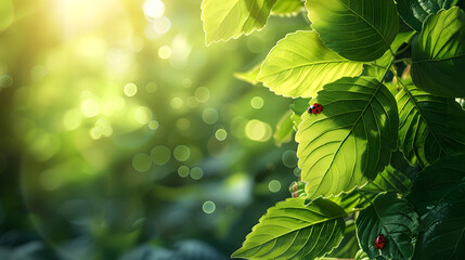 Wall Mural - Wide format background image of fresh juicy green leaves and ladybug lit by rays of sun in nature with space for text