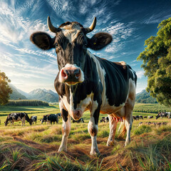  The image shows a black and white cow standing in a lush green field under a clear blue sky.