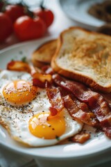 Wall Mural - A simple breakfast plate featuring scrambled eggs and crispy bacon on top