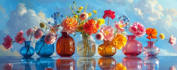 Wall Mural - still life with flowers in glass colored vases, mirror and blue sky