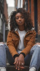 Wall Mural - Cute black girl in casual wear sitting on street