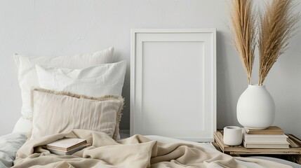 Poster - Portrait white frame mockup on retro wooden bedside table Modern white ceramic vase dry grass Cup of coffee and books in bed Beige linen pillows in bedroom Scandinavian interior : Generative AI